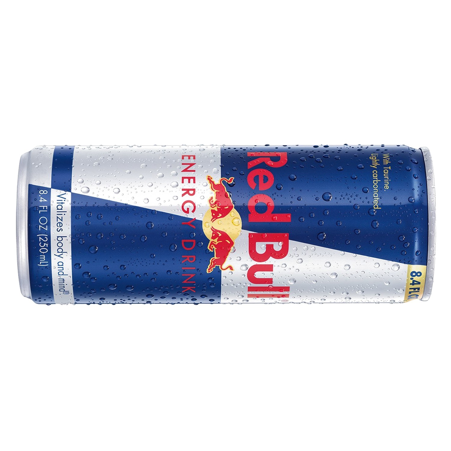 Photo d'une canette de Redbull posée horizontalement sur un fond blanc
